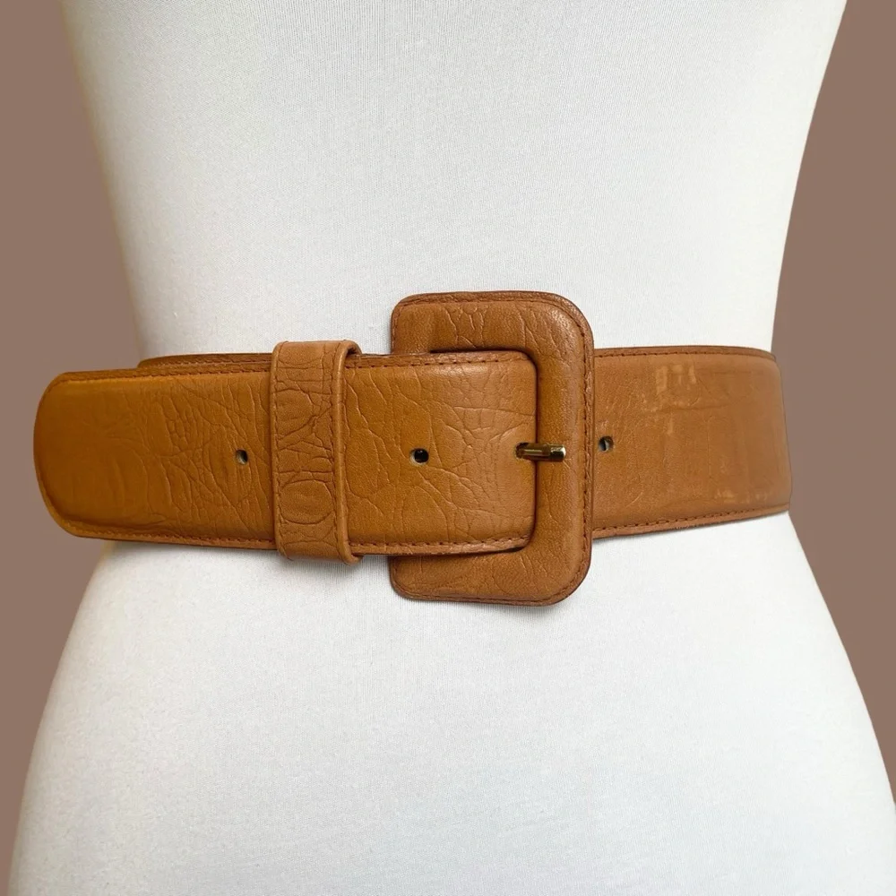 Wide Leather Belt Vintage Brown Croc Embossed Oversized Square Buckle Size S/M